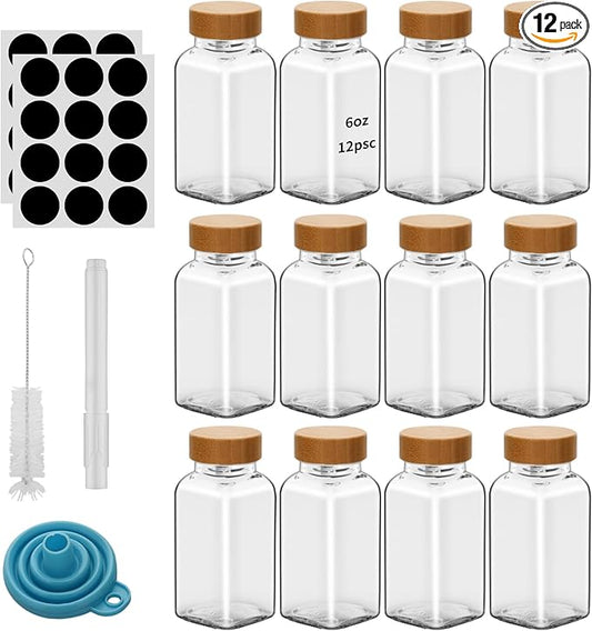 12Pcs 6oz Glass Spice Jars Bamboo Lids with Shaker Lids, Spice Jars Trial Set & Supplement Set, Empty Spice Containers and Square Spice Bottles for Kitchen (12)