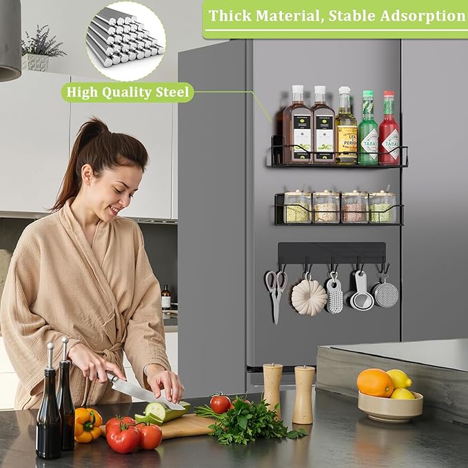 Magnetic Spice Rack for Refrigerator, 3 Pack Metal Magnet Spice Organizer Shelf with Hook Rack, Magnetic Fridge Shelves for Kitchen Organization and Storage, Seasoning Organizer Gadgets (Black)
