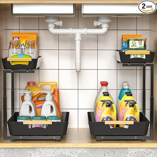 2 Pack Under Sink Organizer, 2 Tier Pull Out Under Sink Organziers and Storage, Height Adjustable Slide Out Under Sink Cabinet Organizer for Kitchen Bathroom Laundry
