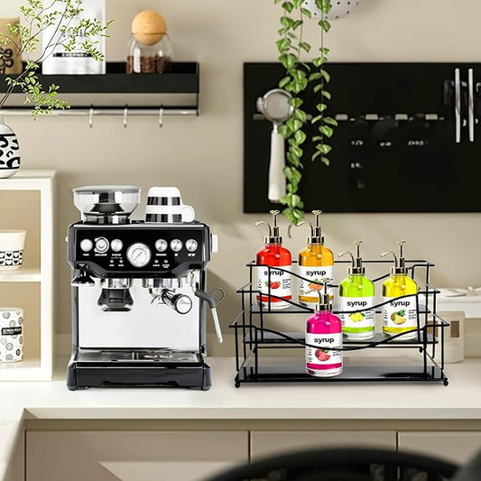 3 Tier Coffee Syrup Rack, 12 Bottles Iron Wine Storage Shelves, Dressing Holder Syrup Organizer Stand for Family Kitchen Countertop, Coffee Bar Station, Liquor Spice, Free Installation, Black