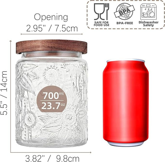 Vintage Glass Jar with Wooden Lid, 23.7 fl oz - Airtight Decorative Food Storage Canisters for Kitchen Counter, Ideal for Candy, Sugar, Coffee, Cookies