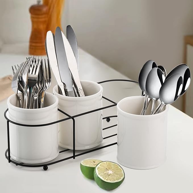 Bekith 3-Piece Ceramic Silverware Caddy with Metal Rack, Utensil Holder Flatware Caddy Cutlery Storage Organizer for Kitchen Table, Cabinet or Pantry