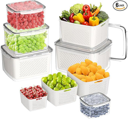 Fruit Storage Containers for Fridge - 6PCS Food Storage Containers with Lids - Produce Containers for Fridge with Removable Colander - Keep Berry Fruit Vegetable Food Meat Fresh Longer