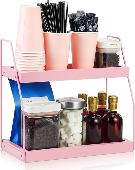Countertop Coffee Station Organizer, 2 Tier Pink Wooden Shelf for Coffee Bar Accessories, Condiment Storage Caddy for Kitchen, Bathroom, Office