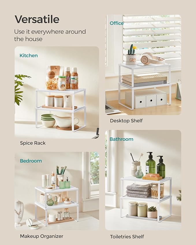 SONGMICS Spice Racks, Cabinet Shelf Organizers, Shelf Organizers, Countertop Organizers, Shelf Risers, Stackable, Expandable, Set of 4 Metal Kitchen Counter Shelves, White UKCS006W01