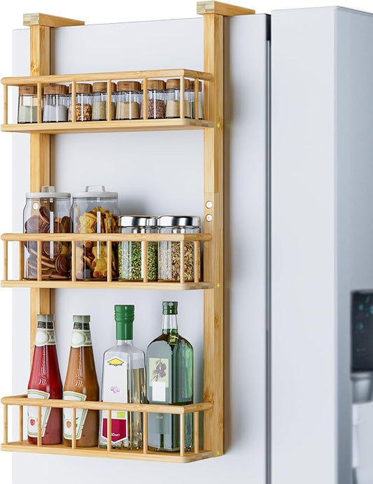 Hanging Spice Rack for Refrigerator - 3 Tier Bamboo Kitchen Counter Shelf Organizer for Can Seasoning Storage, Adhesive to Fridge & Pantry Side