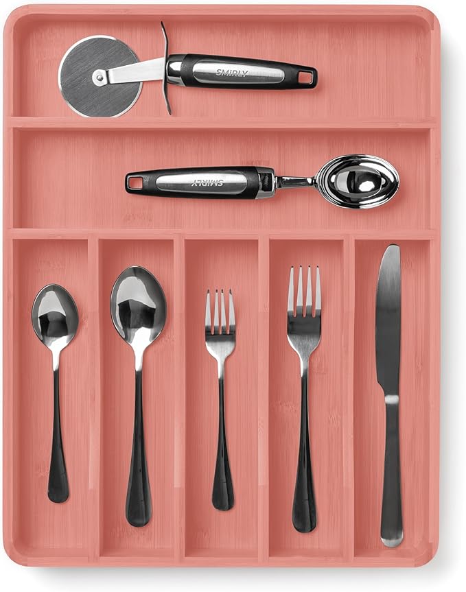 SMIRLY Silverware Drawer Organizer – Bamboo Kitchen Drawer Organizer, Adjustable Utensil Holder and Cutlery Tray, Drawer Dividers for Flatware and Kitchen Utensils