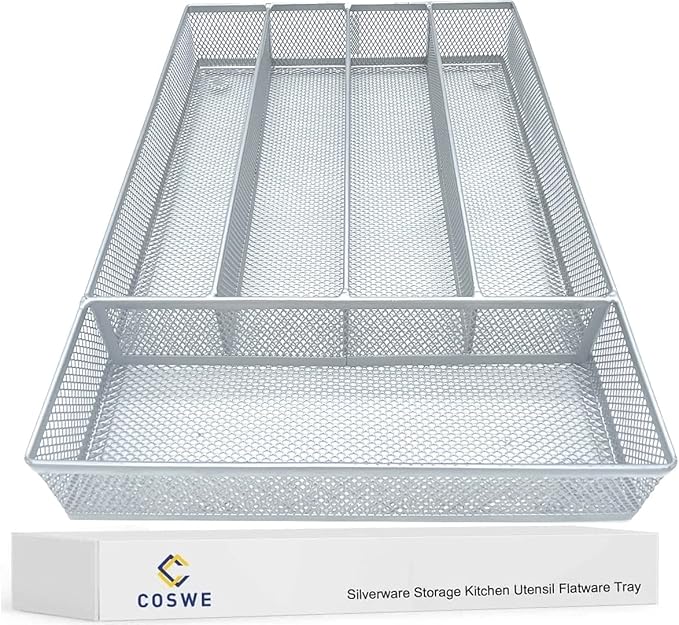 Silverware Tray for Drawer, Silverware Organizer, Metal Drawer Organizer Kitchen Utensils with Foam Feet Multi Compartments Cutlery Organizer in Drawer (SLIVER)
