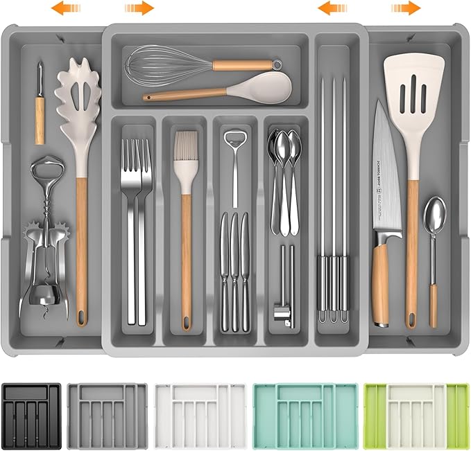 iDavosic.ly Silverware Drawer Organizer, Expandable Utensil Tray for Kitchen, Large Adjustable Plastic Cutlery Flatware Holder for Knife Fork Spoon with 8-10 Compartments, Gray