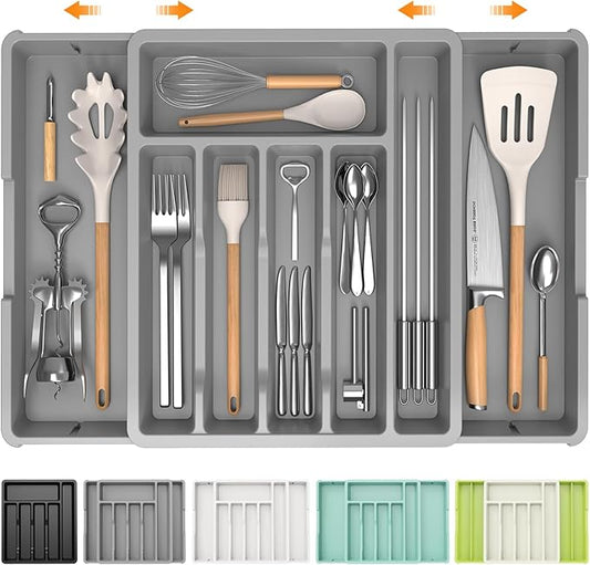iDavosic.ly Silverware Drawer Organizer, Expandable Utensil Tray for Kitchen, Large Adjustable Plastic Cutlery Flatware Holder for Knife Fork Spoon with 8-10 Compartments, Gray