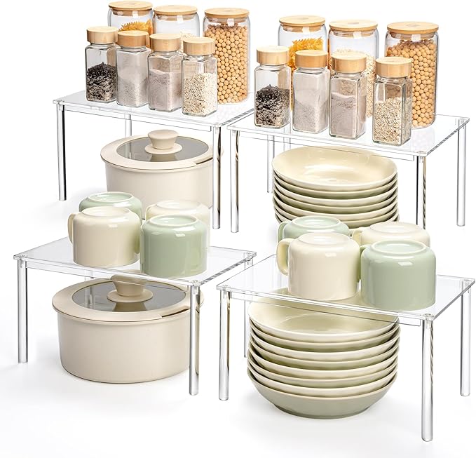 Acrylic Cabinet Organizer, Set of 4 Spice Rack Organizer for Cabinet, Desk Countertop Shelf Organizer, Pantry Kitchen Storage and Organization, Stackable Shelves House Essentials for Gift