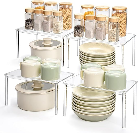 Acrylic Cabinet Organizer, Set of 4 Spice Rack Organizer for Cabinet, Desk Countertop Shelf Organizer, Pantry Kitchen Storage and Organization, Stackable Shelves House Essentials for Gift