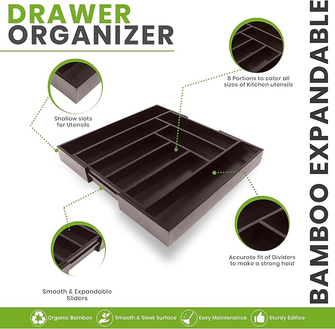 Utopia Kitchen Expandable Drawer Organizer, Adjustable Kitchen Drawer Organizer, Bamboo Drawer Dividers Organizer for Kitchen, Silverware, Flatware, Living Room (Brown, 6-8 Compartment (1-Pack))