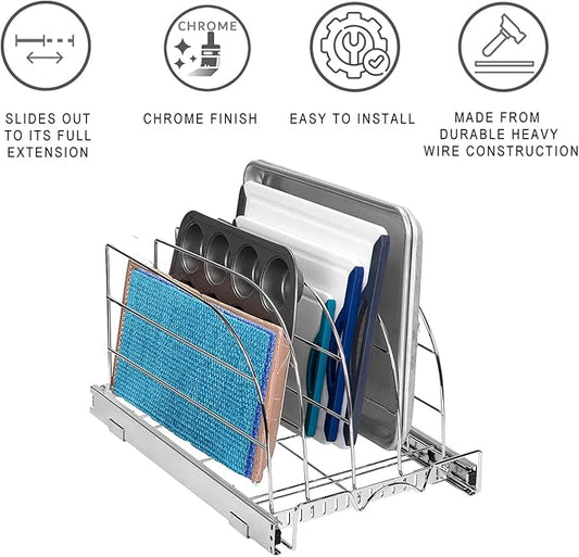 HOLDN’ STORAGE Pull Out Organizer for Cookie Sheet, Cutting Board, Bakeware, and Tray, Heavy Duty - Lifetime Limited Warranty - for Kitchen Pantry Cabinets, 12.5”W x 21”D x 11" H, Chrome