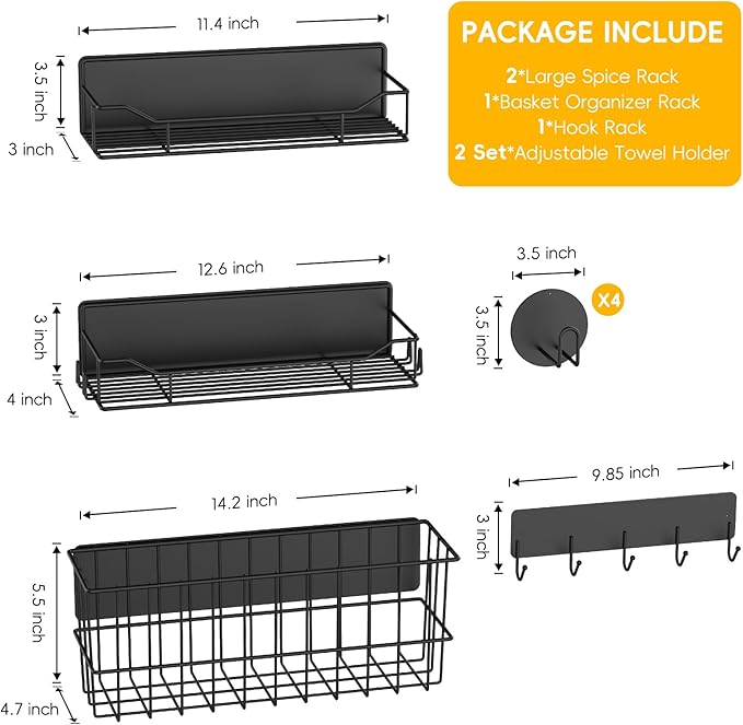 Minicloss Magnetic Spice Rack for Refrigerator - 6 Pack Magnetic Spice Rack with Magnetic Basket & Paper Towel Holder, Strong Magnetic Storage Organizer for Kitchen, Black