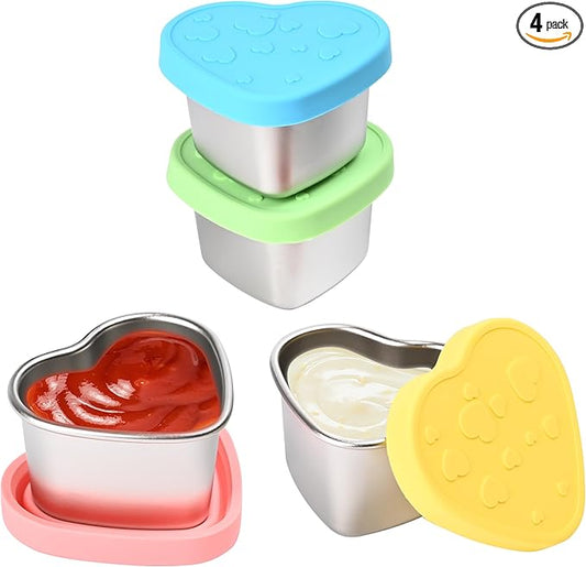 4 Pcs Heart-Shaped Salad Dressing Container to go, 2.1 Oz Stainless Steel Small Condiment Containers with Lids, Reusable Meal Prep Sauce Cups for Lunch Bento Box, Work, Picnic (4)