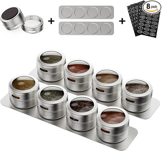 Set of 8 Magnetic Spice Tins with 2 Metal Wall-Plates,100 Preprinted Seasoning Label Stickers,2 Styles for 3 oz Herb Jars