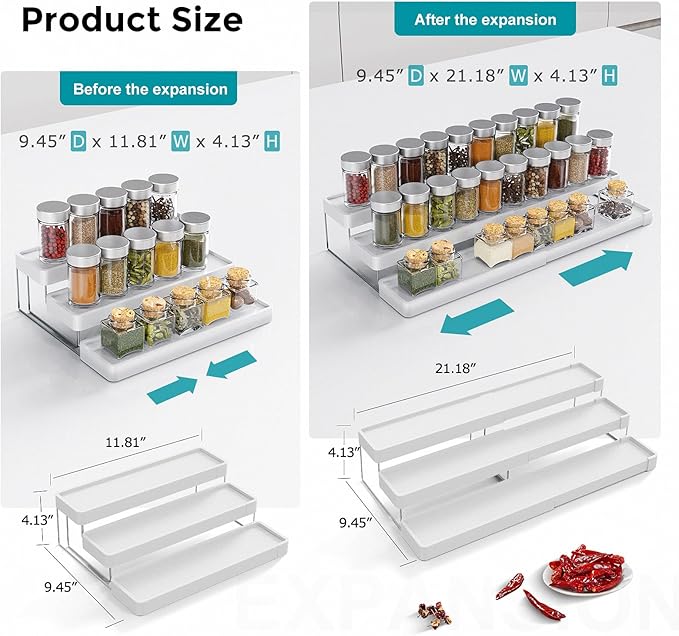 Spice Rack Organizer for Cabinet - 3 Tier Expandable Spice Organizer for Cabinet Easy Visibility - Adjustable Cabinet Spice Organizer for Kitchen Countertop Cupboard Pantry Organization (White)