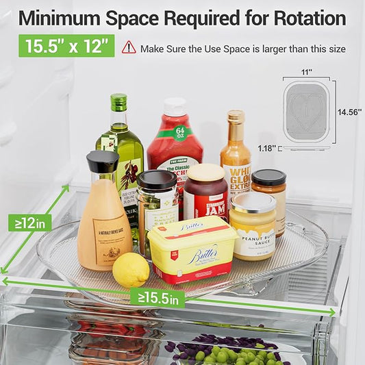 LAMU 2 Pack Lazy Susan Turntable Organizer 14.56'' x 11'', Rectangular, Rotating Organizer for Refrigerator Cabinet, Pantry, Kitchen, Countertop, Table, Fridge Organizers and Storage, Clear