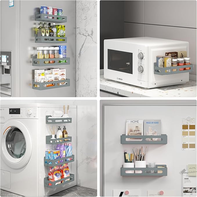 4 Pack Magnetic Spice Rack for Refrigerator, Spice Rack Organizer, Moveable Magnetic Shelf Fridge Organizer with 4 Hooks for Kitchen and Oven Organization, Grey