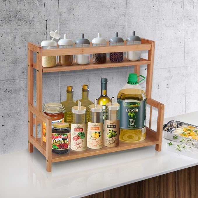Kitchen Countertop Organizer Bamboo Spice Rack - Coffee Station Organizer Countertop Shelf 2 Tier Storage Stand, Vintage Rustic Wooden Syrup Sauce Jar Bottle Spice Makeup Display Holder