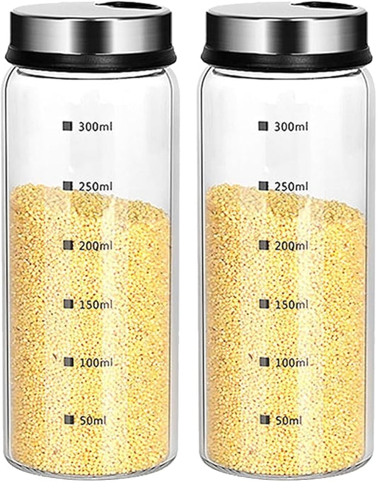 10 oz Salt and Pepper Shakers Set with Adjustable Outlet Holes Clear Glass Bottle Spice Seasoning Cans Jar for Kitchen Decor and Home Restaurant BBQ Camping Farmhouse Kitchen Accessories(2 Pcs, 300ML)