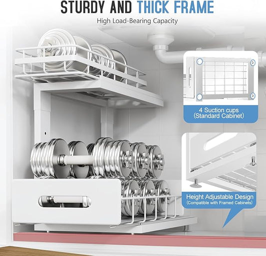 2 Pack Under Sink Organizer Upgrade to Professional Rails,2-Tier Dual Pull Out Cabinet Storage,Height Adjustable Slide Out Drawers for Bathroom Kitchen,Under Sink Shelf-White