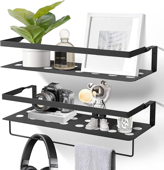 Uten Floating Shelves, Wall Mounted Iron Shelves Set of 2, Bathroom Storage Iron Shelves with Towel Rack, Wall Hanging Organizer Decor Shelf for Bathroom, Kitchen, Bedroom, Living Room
