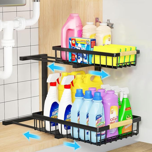 Miyawell Under Sink Organizer and Storage, 2-Tier Pull Out Cabinet Organizers Shelf, Metal Sliding Drawers Shelves for Kitchen Bathroom Closet Organization