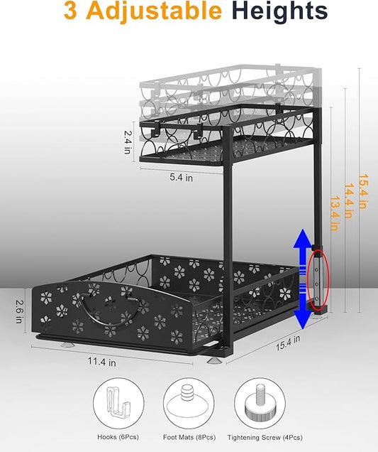 2 Pack Under Sink Organizer, Adjustable Height Metal Under Kitchen Cabinet Organizer, 2-Tier Sliding Shelf Storage, Multi-Use for Under Kitchen Bathroom Sink Organizers and Storage, Black