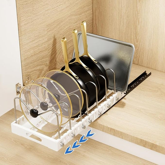 Pull Out Pots and Pans Organizer Under Cabinet, Sliding Lid Holder and Pan Rack in Kitchen, Slide Out inside Cabinet Storage for Pot Lid, Bakeware, Dishes, Pots and Pans Organizer, 1 Pack White