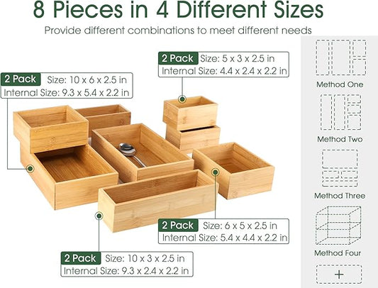 Kootek 8 Pcs Bamboo Drawer Organizer Utensil Tray Kitchen Storage Box 4-Size Versatile Dividers Cutlery Holders Bins Containers for Flatware Kitchen Utensils