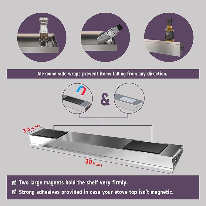 Magnetic Stove top Shelf, 30" Length, Magnetic Spice Rack Over the Stove, Oven Shelf for top of Stove, Seasoning Organizer, Kitchen Organizers and Storage (Stainless Steel)