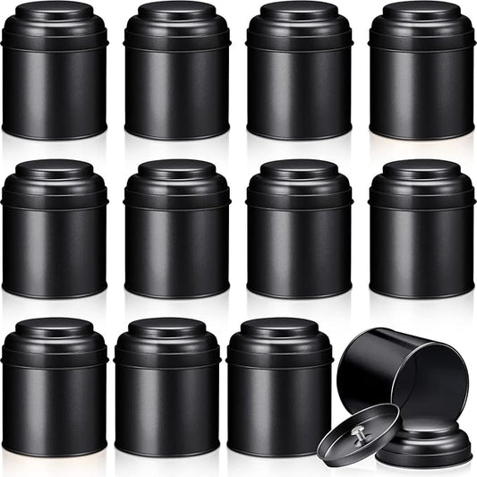 12 Pcs Tea Tin Canister with Airtight Double Lids 8 oz Round Tin Can Box Small Kitchen Tea Canister Loose Leaf Storage Containers for Loose Bags Coffee Sugar Candy Spices(Black)