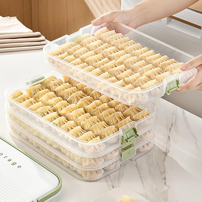 Dumplings Storage with 4 Layers, Stackable with Buckle, Lid & Handle for Cookies Wonton Donuts Box Organizer For Fridge, Milk-Brown