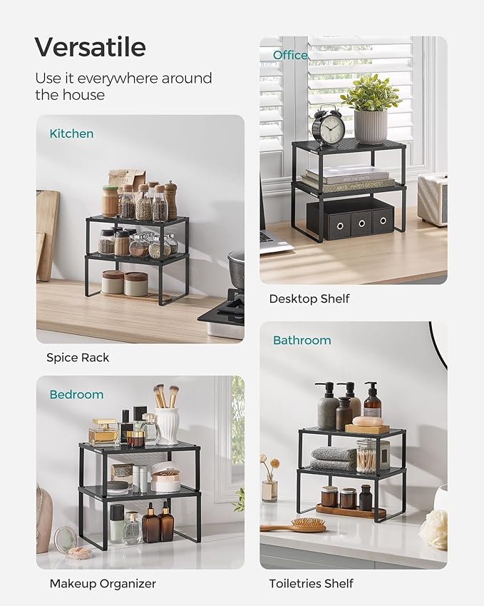 SONGMICS Spice Racks, Cabinet Shelf Organizers, Shelf Organizers, Countertop Organizers, Shelf Risers, Stackable, Expandable, Set of 4 Metal Kitchen Counter Shelves, Ink Black UKCS006B01