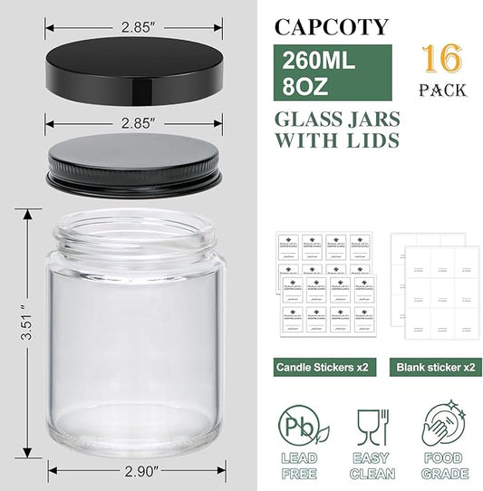16 Pack 8 OZ Glass Jars with Lids gift for women,Candle Jars,Glass Jar for Candles, Samples, Spices, Powders