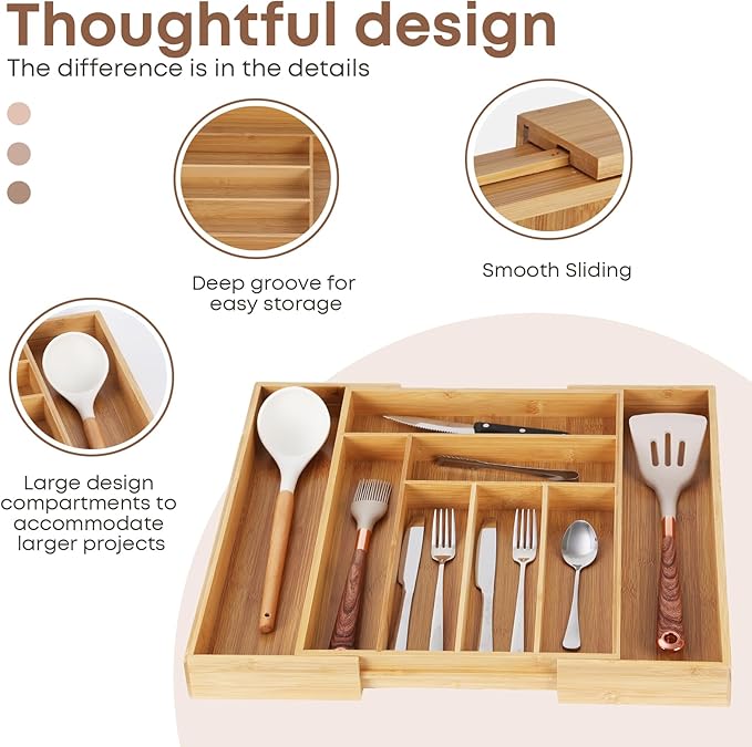Bamboo Drawer Organizer Expandable Silverware Organizer, Drawer Dividers，Adjustable Utensils Holder Cutlery Tray for Kitchen Utensils and Flatware
