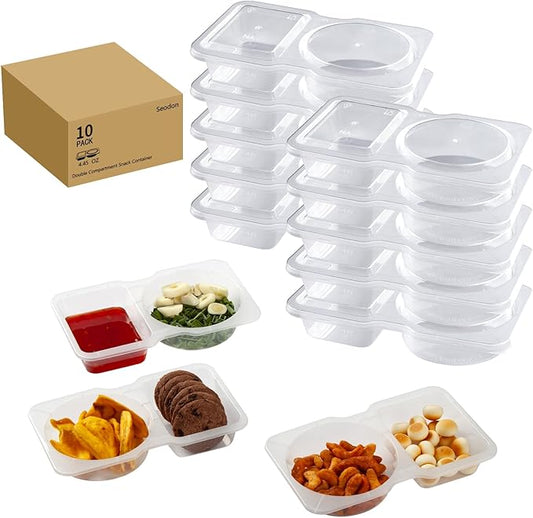 Snack Containers Double Compartment Snack Packs with Lids Grab and Go Snack Prep Box Meal Prep 2 Compartments Condiment Dipping Containers (10 Pcs)