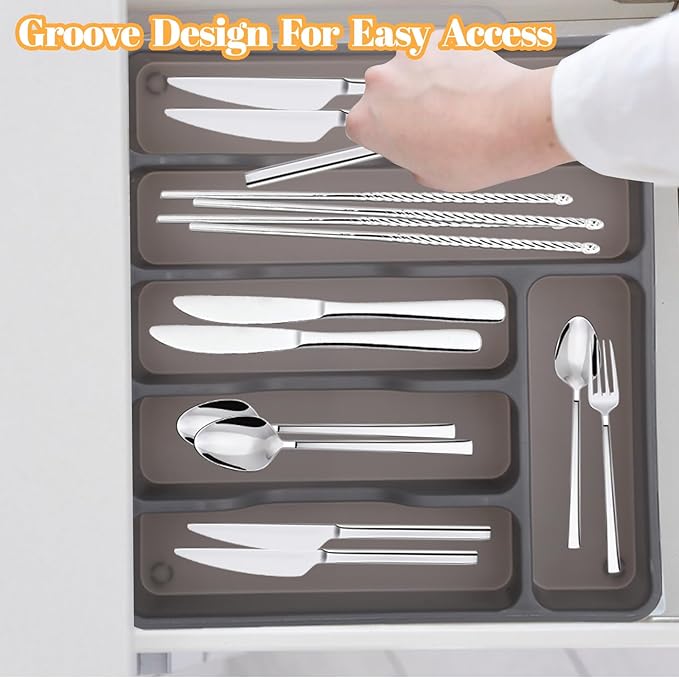 Gray Silverware Organizer with Lid,Plastic Utensil Drawer Organizer,Covered Storage Box Flatware Cutlery Drawer Organizer,Utensil Organizer for Kitchen Drawers,Silverware Tray for Drawer