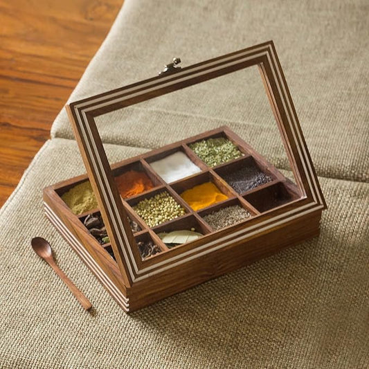 ExclusiveLane Wooden Indian Spice Box With Spoon (12 Compartments, 90 ML Each) - Masala Dabba Wooden Masala Box Namak Daani Sheesham Wood Spices Organizer Container Spice Boxes For Kitchen
