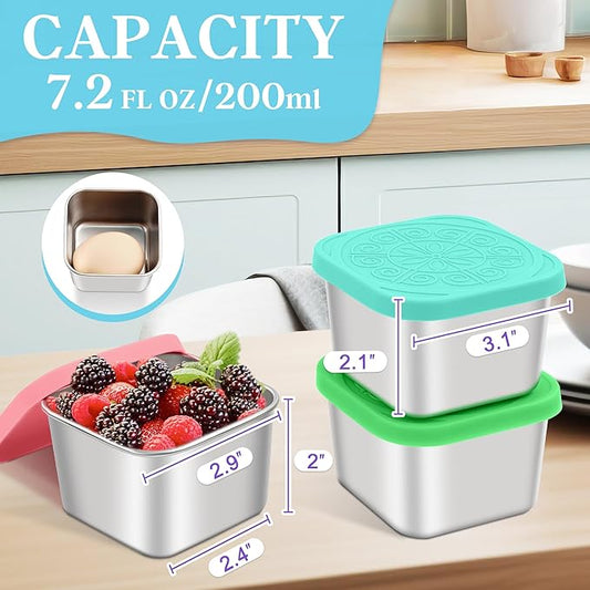 Stainless Steel Snack Containers for Kids,7.2oz Easy Open Leak Proof Reusable Snack Box Container with Lids,Small Lunch Containers for Meal Prep,School,Picnic and Travel-6Pack