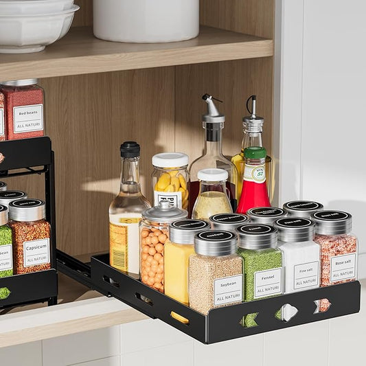RCHYFEED Pull Out Spice Rack Organizer for Cabinet, Heavy Duty Slide Out Spice Rack for Inside Cabinets & Pantry, Kitchen Cabinet Seasoning Organizer Vertical Spice Racks,8.4" Wx10.5 Dx2.8 H,Black