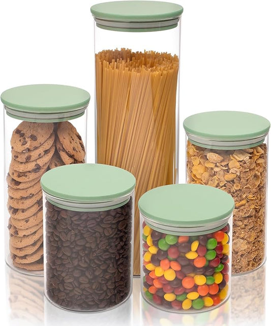 5-Piece Glass Storage Containers With Lids | Food Grade Safe Airtight Snack Containers, Pantry Organizers and Kitchen Storage with Colorful Bamboo Lids for Pasta, Oats, Coffee & Sugar