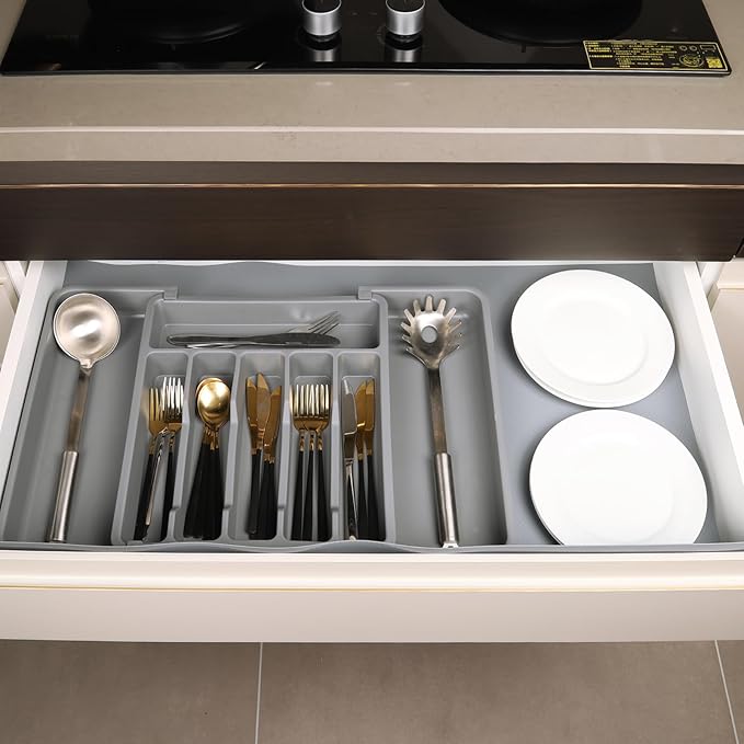 Houseware Expandable Kitchen Drawer Flatware Organizer,Silverware Organizer Utensil Drawer Cutlery Tray, Grey