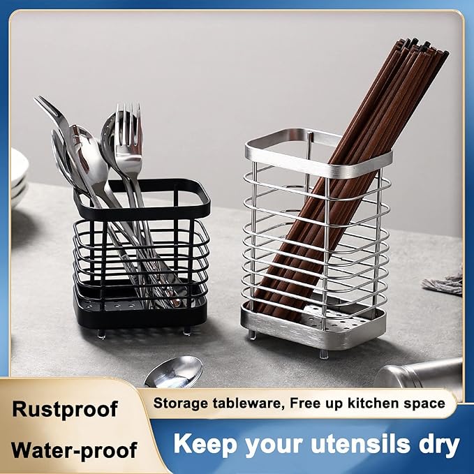 Utensil Holder, Stainless Steel Sink Utensil Holder Countertop, Kitchen Utensil Drying Caddy, Cutlery Drainer for Utensil, Rust-Proof Cutlery Utensil Organizer (Black)