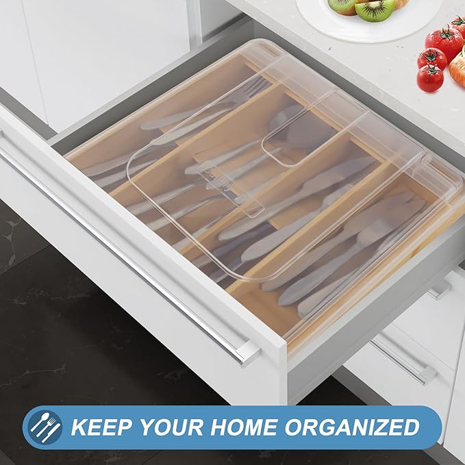 Bamboo Silverware Tray with Lid, 7 Compartments Compact Bamboo Utensil Organizer for Kitchen Drawers Countertop, Dust-proof Sturdy Flatware Organizers and Storage Holder with Labels