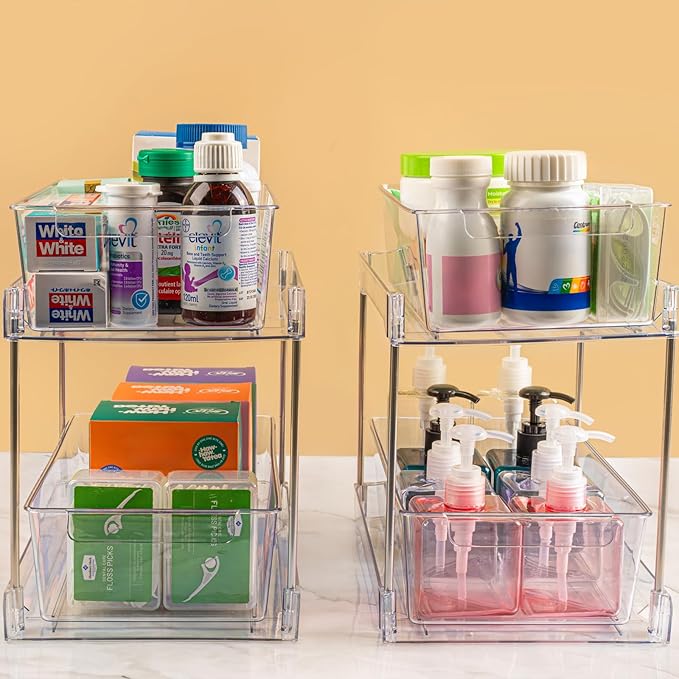 2 Pack 2-Tier Bathroom Under Sink Organizers and Storage - Clear Stackable Containers for Kitchen, Pantry, Vanity, Medicine Cabinet, Makeup, and Counter with Pull-Out Track