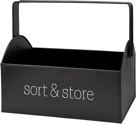 AuldHome Design Enamelware Farmhouse Caddy w/Handle (Black), Vintage Style Sort and Store Carryall