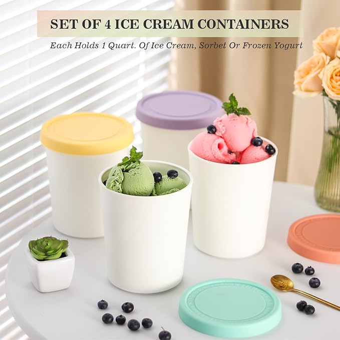 Set of 4 Ice Cream Containers for Homemade Ice Cream（1 Quart Each），Reusable Plastic Storage Containers Cups with Lids for Freezer，Stackable Storage Container for Gelato，Yogurt, Sorbet